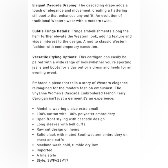 SHYANNE Cascade Embroidered French Terry Cardigan Western Embellished Timeless - Picture 14 of 15